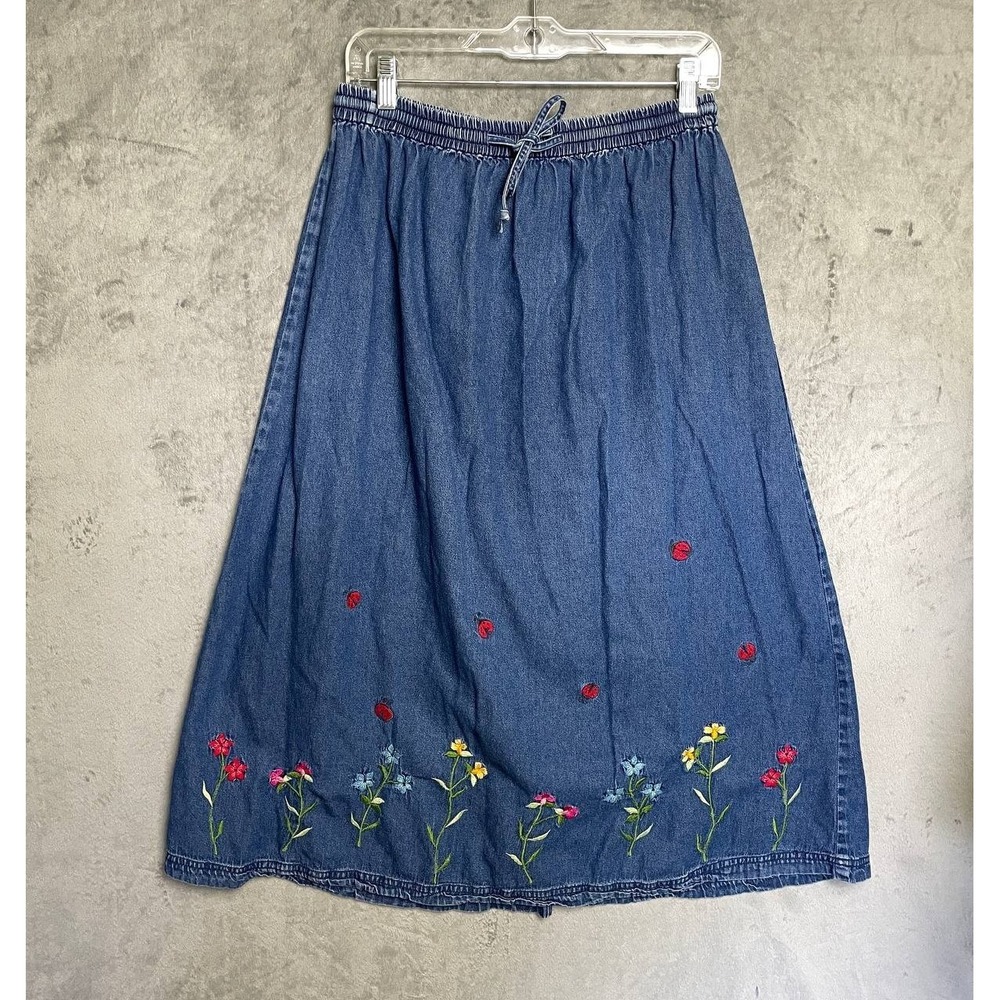 Denim Midi Skirt Large Floral Embroidered Elastic Waist Cottagecore Prairie
